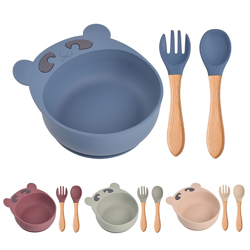 Children's silicone bowl spoon and fork set baby cartoon bear suction cup anti-drop complementary food bowl children's plate dishes