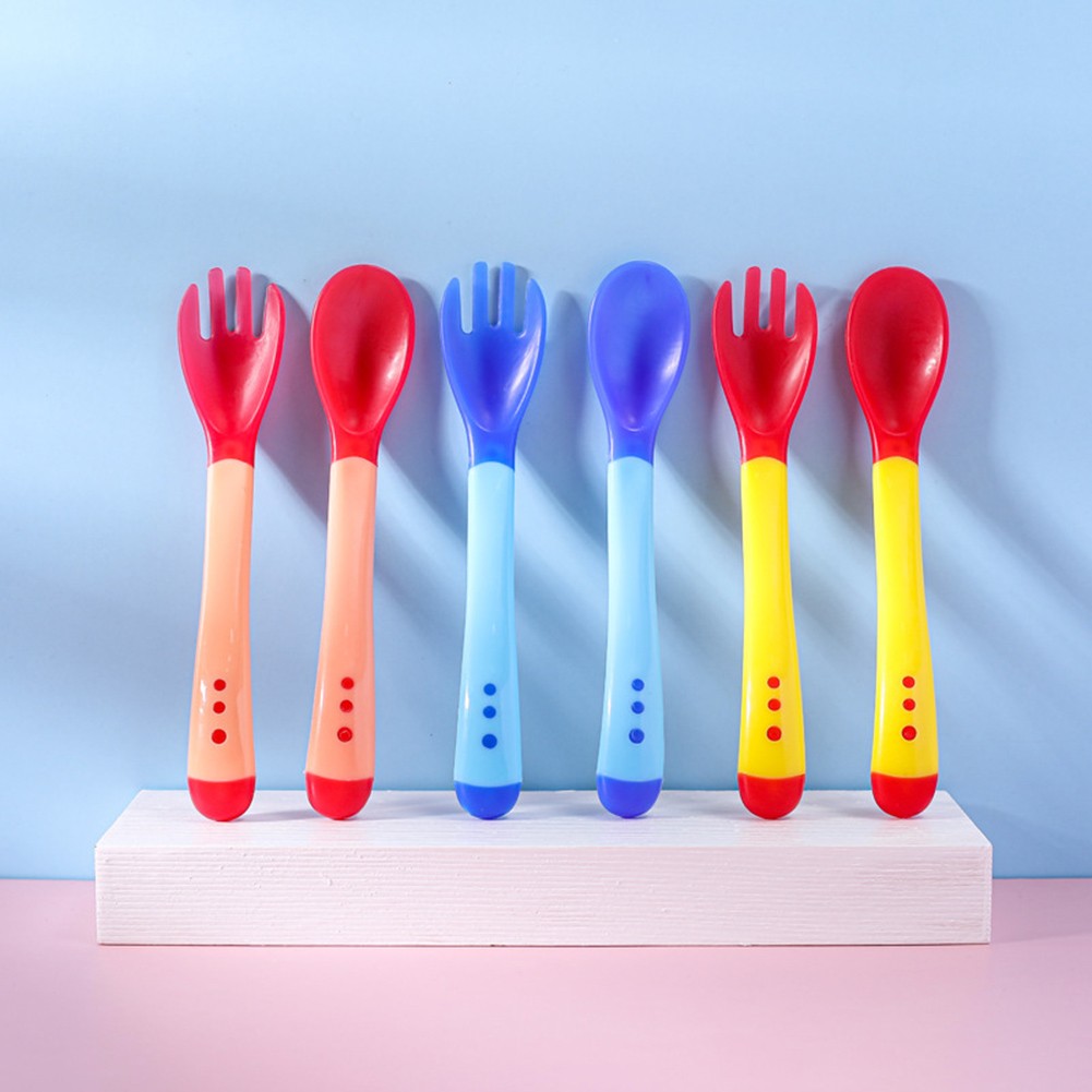 Children spoon and fork baby safety temperature sensor children feeding dishes kitchen spoons for kids