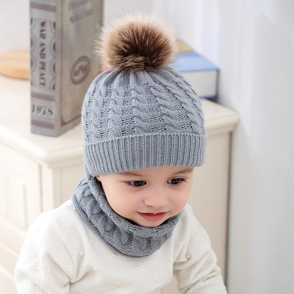 Girls Scarf and Hat Set Girls Pompon Hat Warm Winter Hat Knit Plain Color Raccoon Bones For Kids