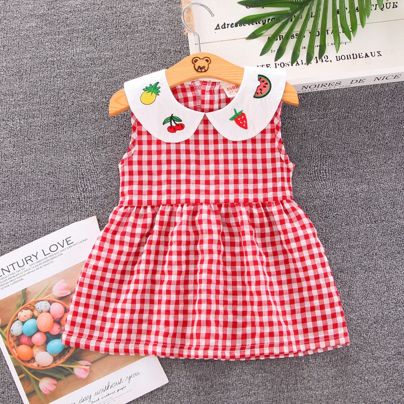 Summer Toddler Girls Sweet Dress 2021 New Casual Fashion Kids Plaid Skirt Baby Peter Pan Collar with Fruit Printed Clothing