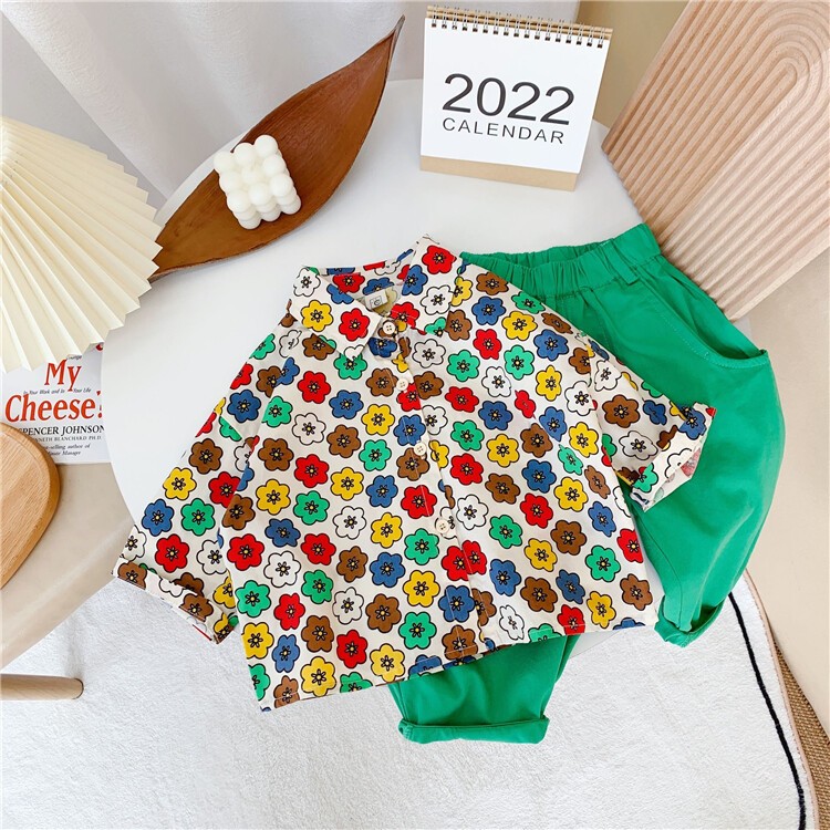 2022 spring new Korean version baby mid and small flower children's shirt trend