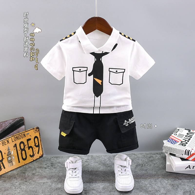 New Summer Baby Boys Handsome Captain Clothing Sets Baby Girls Print Cotton T-shirt + Shorts 2pcs Sets Kids Infant Clothes