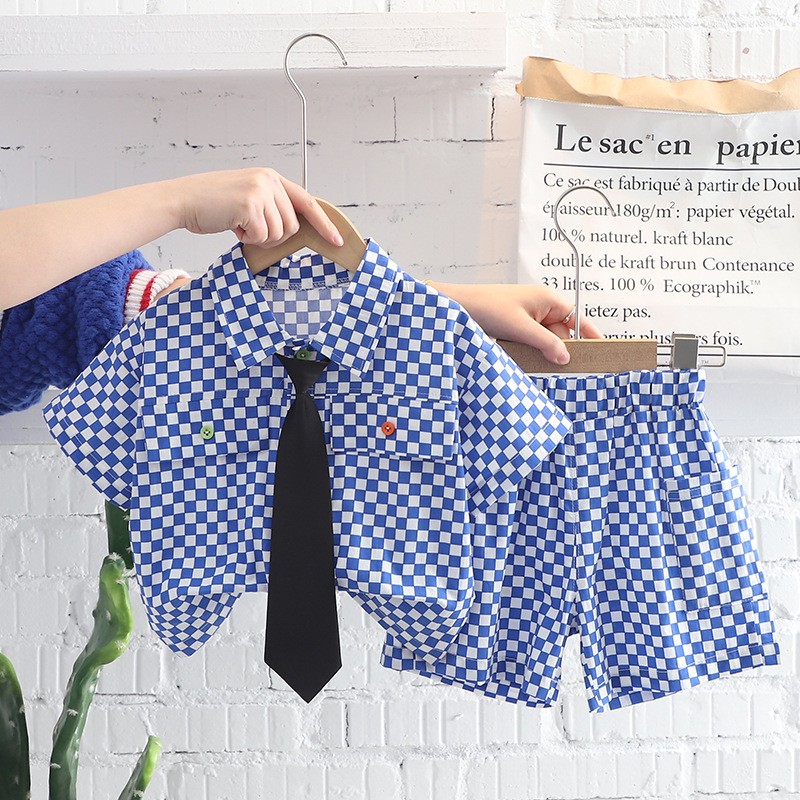 Summer cotton baby boy clothing sets infant birthday formal plaid shirt shorts 2pcs/set causal with tie tracksuit