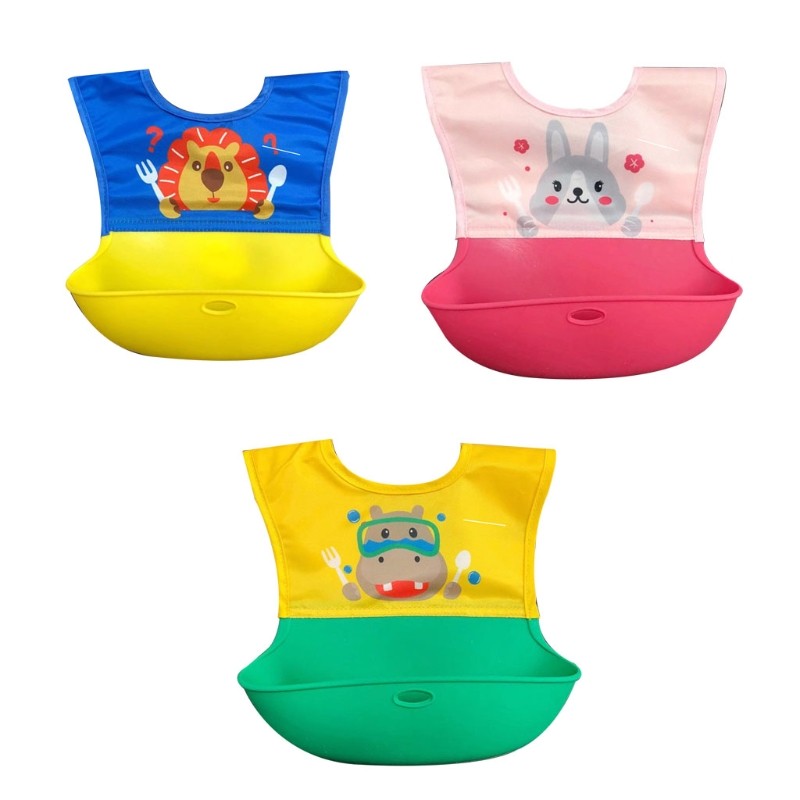 67JC Baby Cartoon Waterproof Bib Silicone Newborn Feeding Food Catcher Apron Pocket