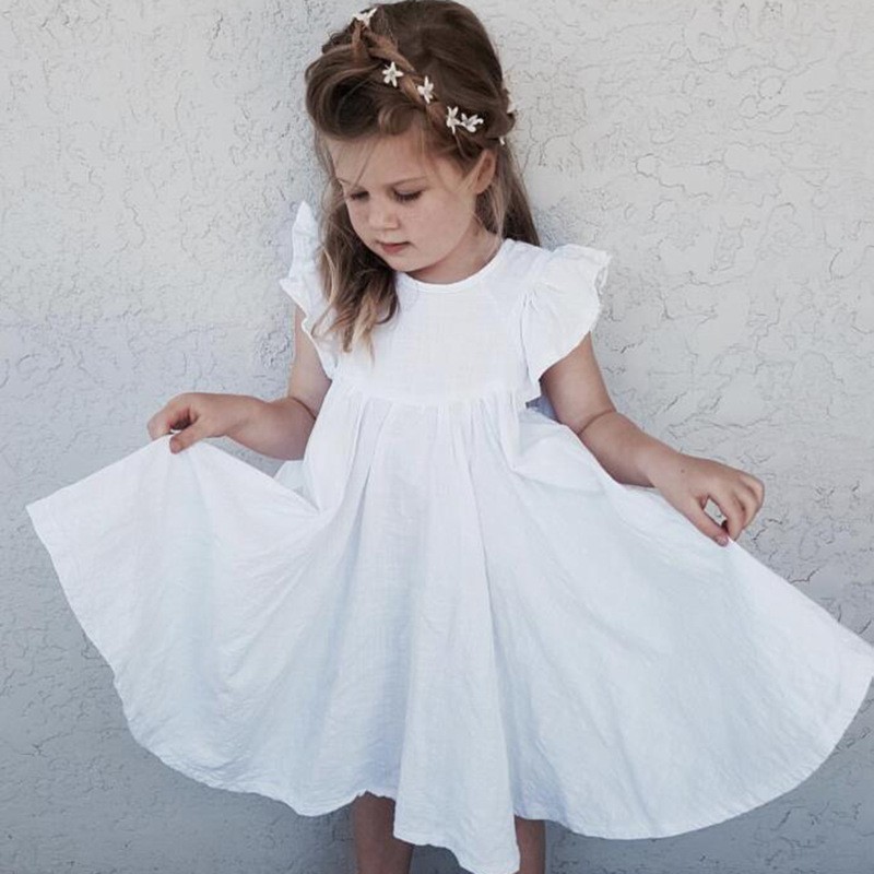 Solid White Girls Dress Ruffle Sleeve Kids Summer Clothes Baby Girls Linen Cotton Dresses A-line Casual O-neck Dress