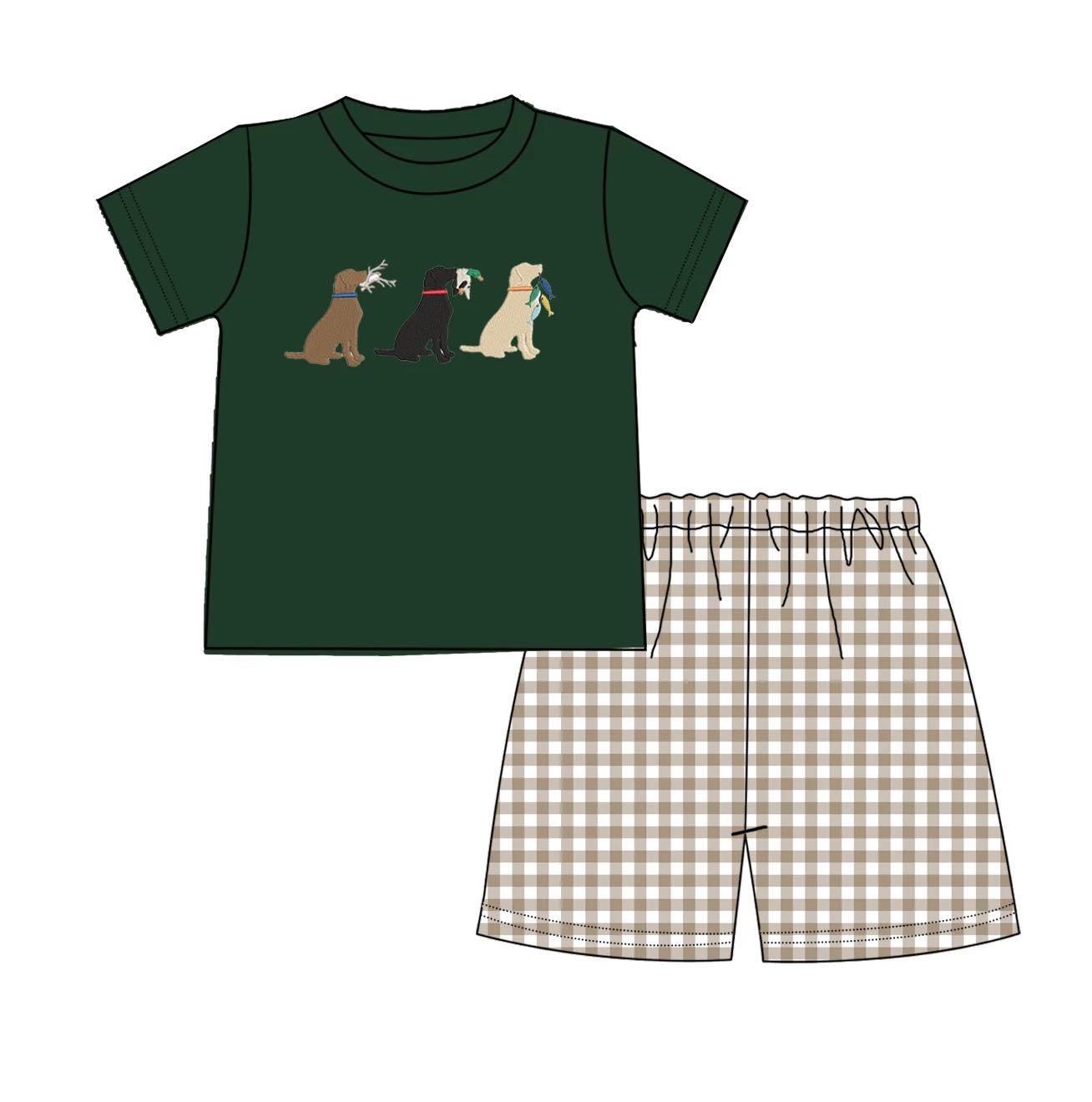 Baby Boys Clothing Sets Cute Dark Green Three Dog T-shirt + Coffee Lattice Casual Sports Shorts 1-8T Kids Outfits For Summer