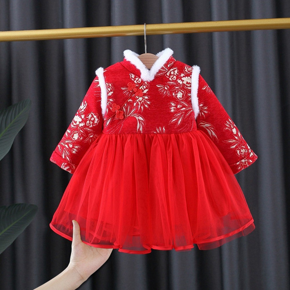 Warm New Year Wear Fleece Winter Girls Princess Dress Children Kids Baby Long Sleeve Velvet Mesh Chinese Qipao Dresses Vestido