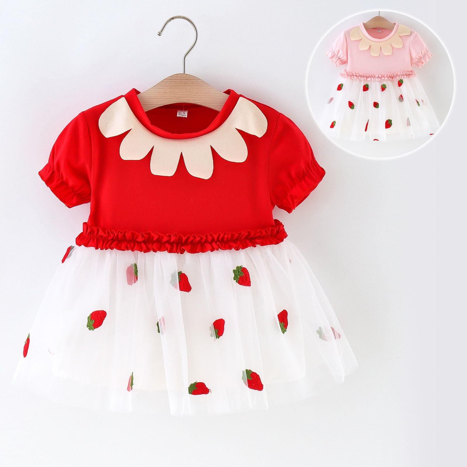 Cute Summer Short Sleeve Strawberry Print Dress Baby Kids Holiday Party Dresses Tulle Princess Dress For Girls