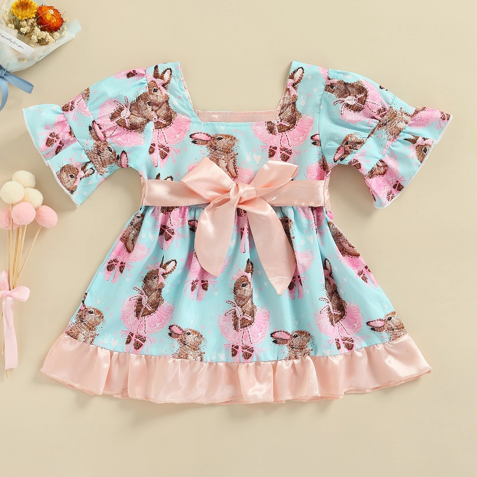 Baby Dress Toddler Girls Cute Dress Easter Bunny Print Dresses Puff Sleeve Princess Dress Infantil Bowknot