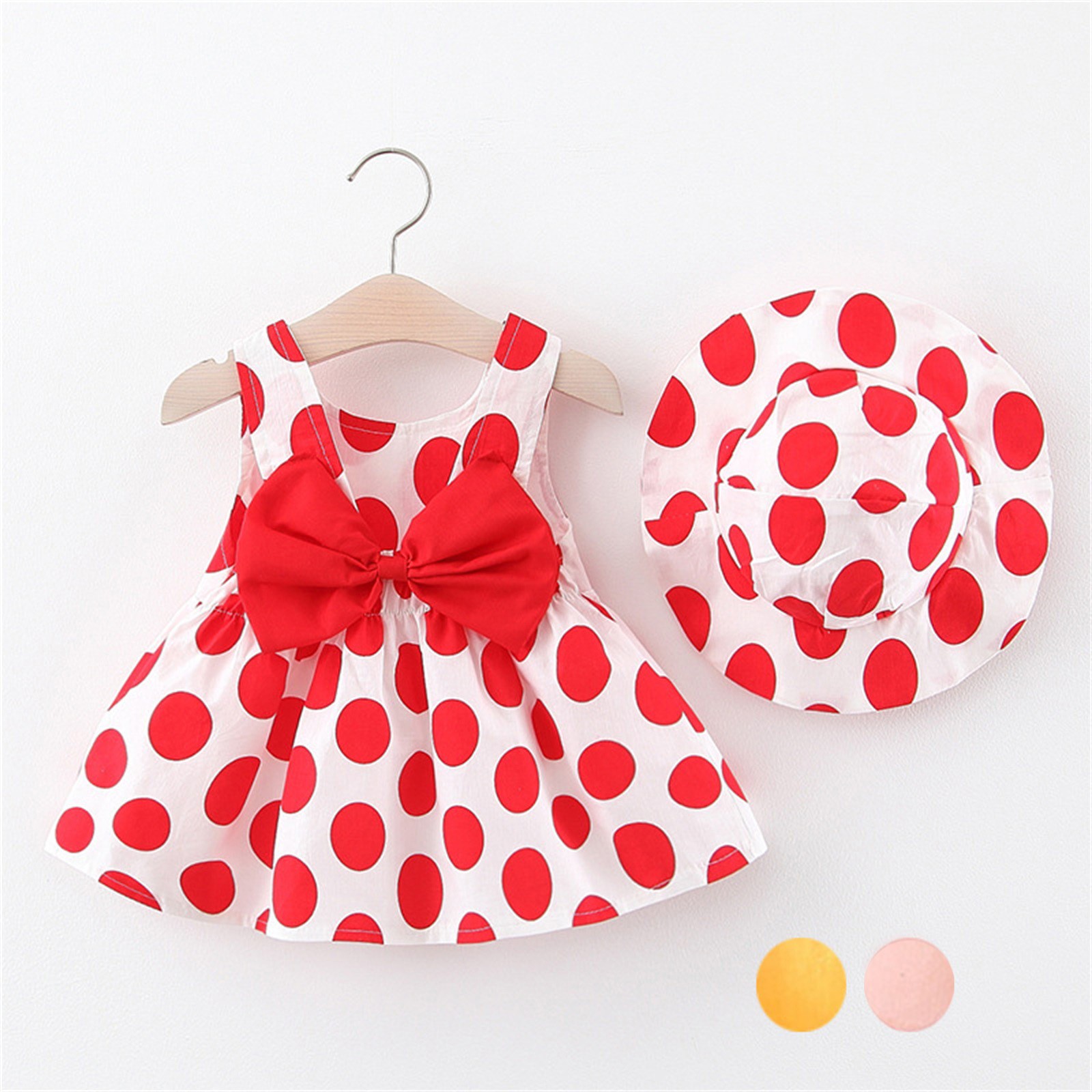 Cute Girls Dress New Summer Baby Boy Dresses Cute Sleeveless Bowknot Baby Dress Girls Dot Print Princess Dress Hat Set