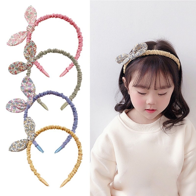 1PC Cute Kids Lovely Cloth Floral Printed Hair Hoop Small Fresh Style Fashion Baby Girls Rabbit Ears Bowknot Headband