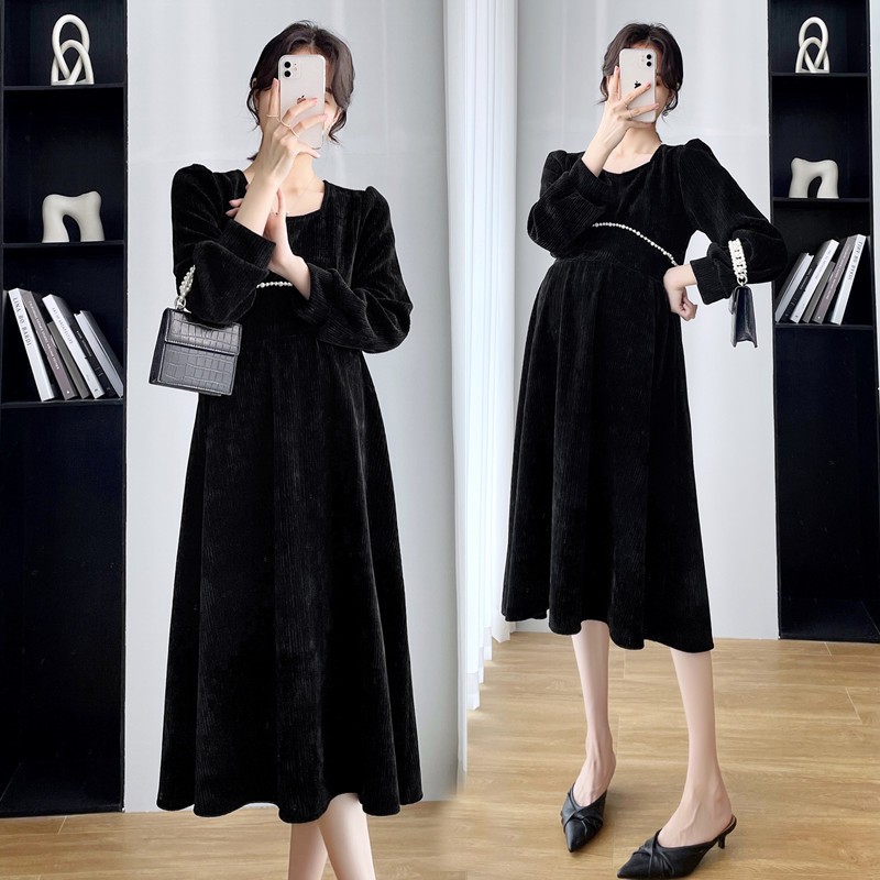 Spring Women Corduroy Pregnancy Women Dress Long Sleeve Maternity Long Dress Chic Ins Elegant A-Line Slim Clothes for Pregnant Women