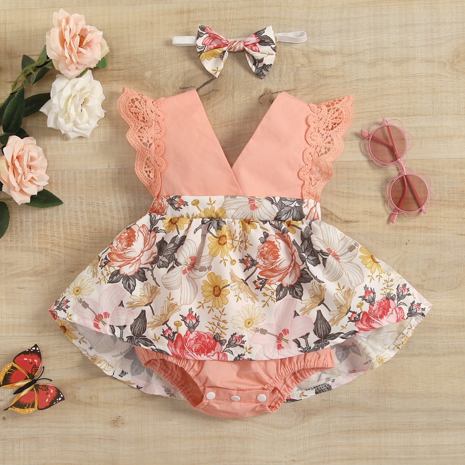 Ma & Baby 0-24M Newborn Infant Baby Girl Romper V-Neck Lace Floral Jumpsuit Playsuit Summer Clothes Overalls Costumes D01