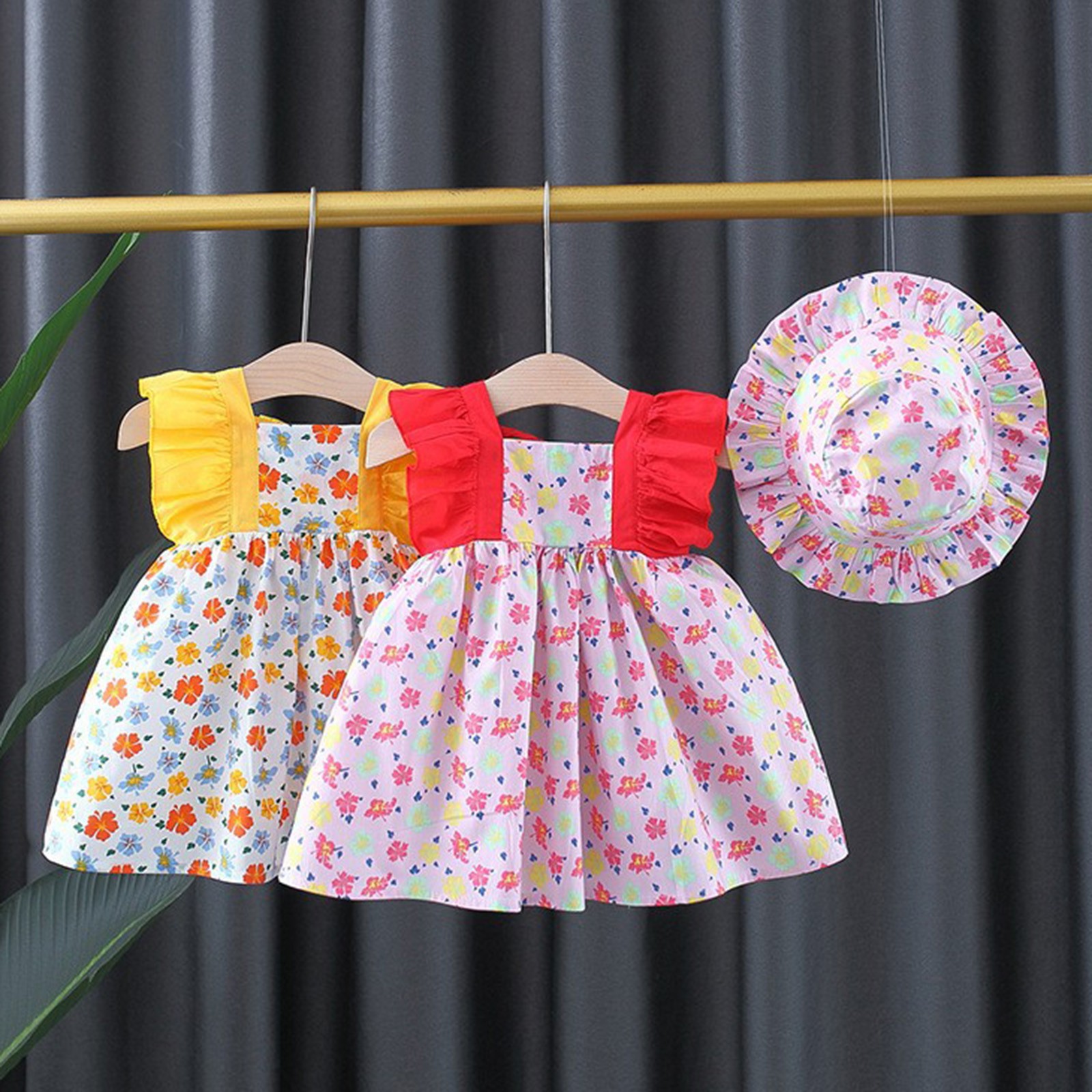 Toddler Infant Baby Girls Sleeveless Dress And Hat Set Cute Ruffles Floral Dress Summer Princess Dresses Vacation Party Dress