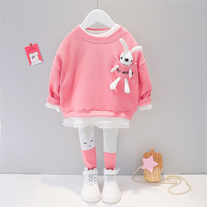 Baby Girls Clothing Sets Kids Casual Clothes Lace Cartoon Rabbit T Shirt Pants Toddler Infant Children Vacation Costume