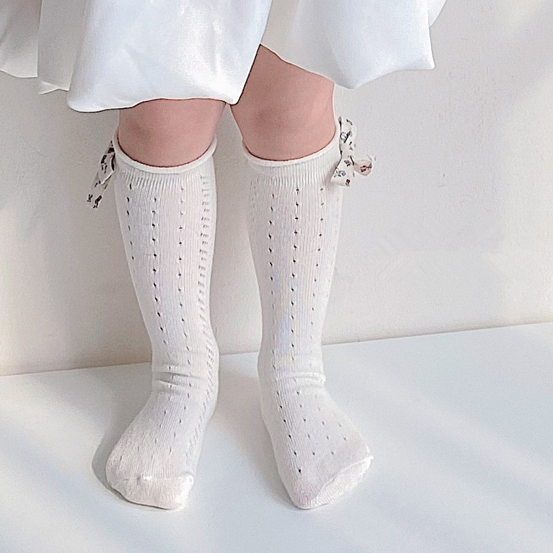 2pairs/lot Summer Kids Long Floral Bow Sock Knee High Thin Mesh Socks Hollow Out Soft Cotton Infant Sokin Baby Girls Socks