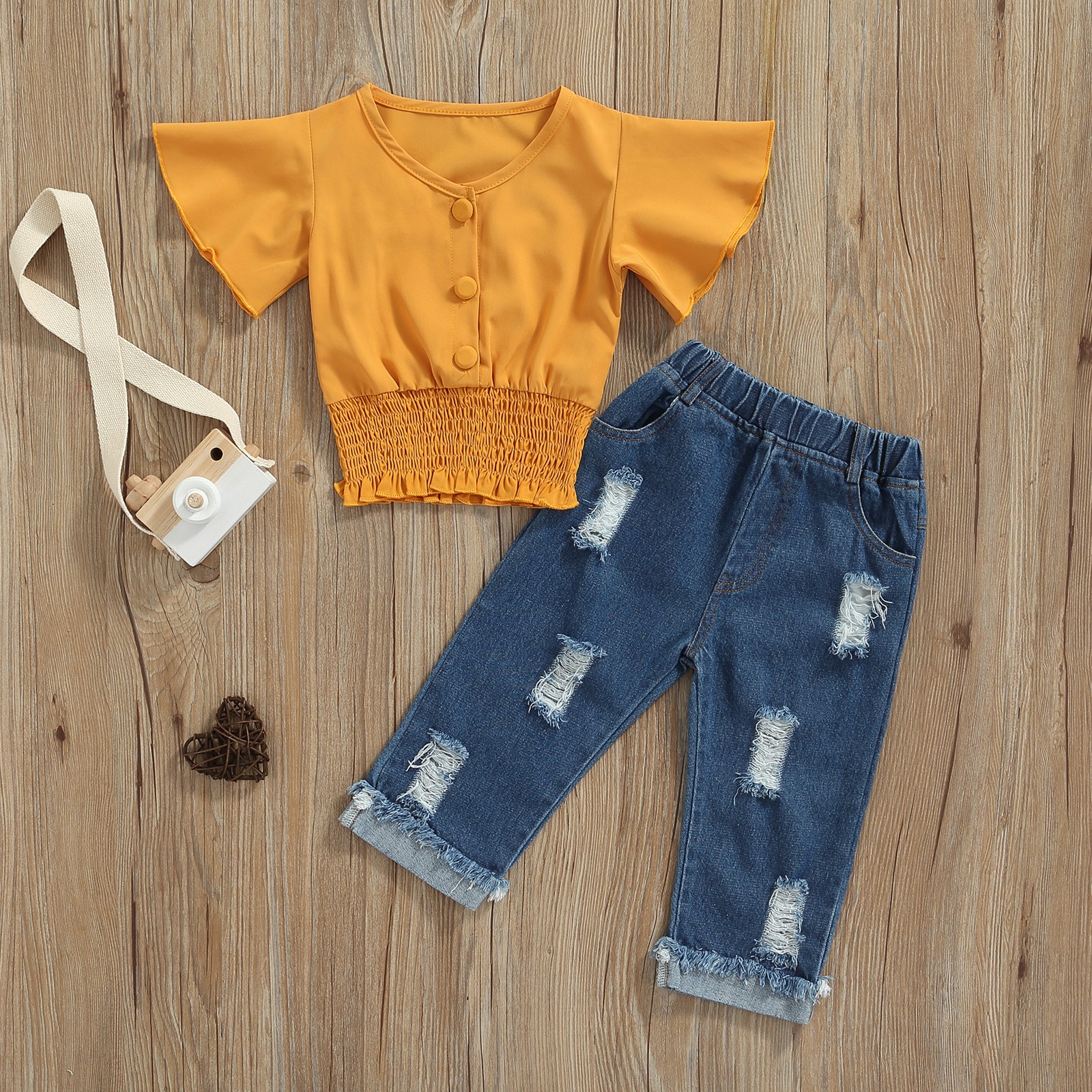 Ma & Baby 1-6Y Baby Boy Girls Clothes Set Ruffle Button V-Neck Denim Tops Pants Outfits Costumes D01