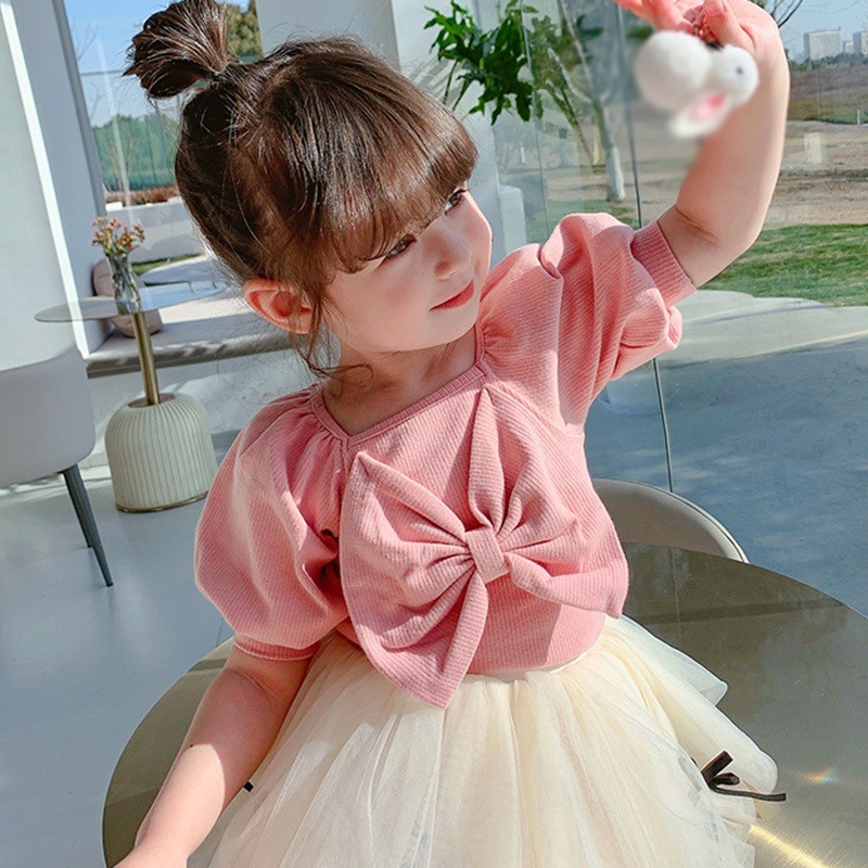 Summer girls cute casual T-shirt baby sweet bubble sleeve princess clothes big bow short sleeve top