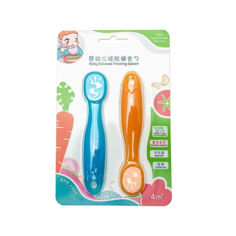 2pcs Lovely Baby Learning Spoon Set Baby Toddler Anti-slip Feeding Training Utensils Tableware Silicone Teether