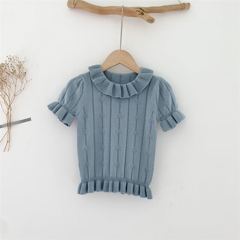 Children Girls Summer Tops Tees Girls Knitted Thin Cotton T-shirt Lovely Vintage Puff Sleeve Tops For Baby Girl