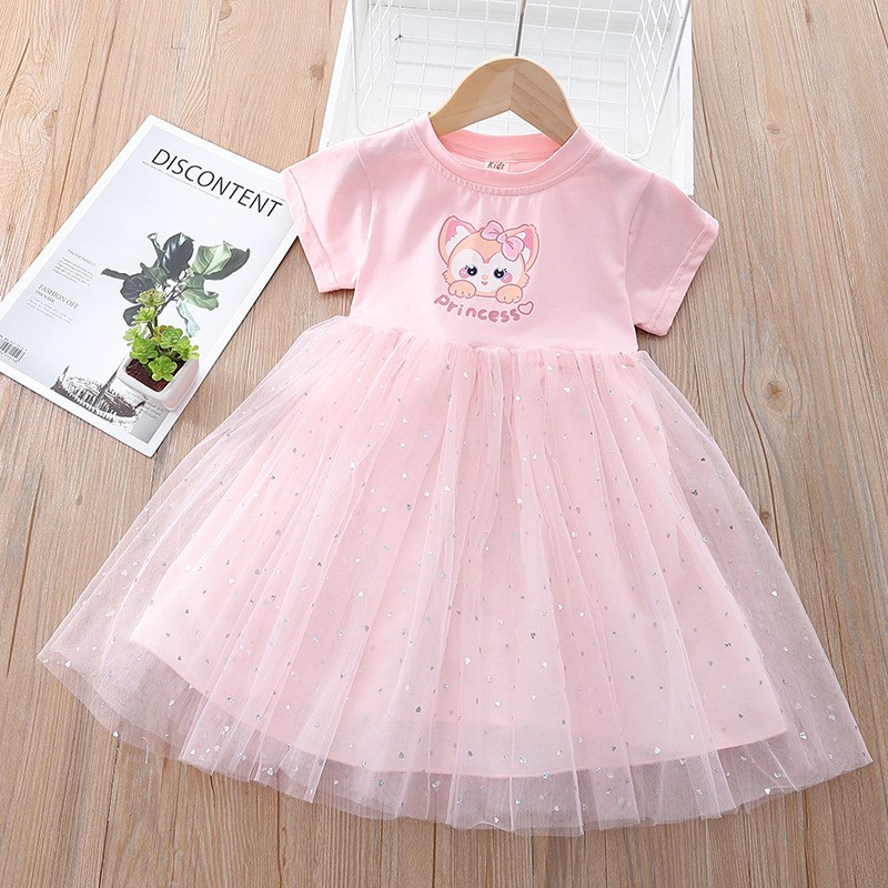 Fashion Summer Kids Clothes Cartoon Short Sleeve Princess Mesh Dress Baby Girls Birthday Costume Korean Pretty Vestidos