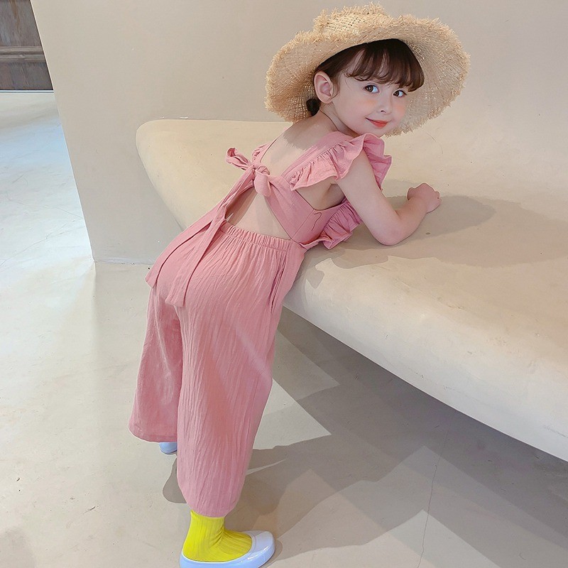 Summer Korean Cute Girls Jumpsuit Toddler Kids Open Back Sleeveless Clothes Wide Leg Pants