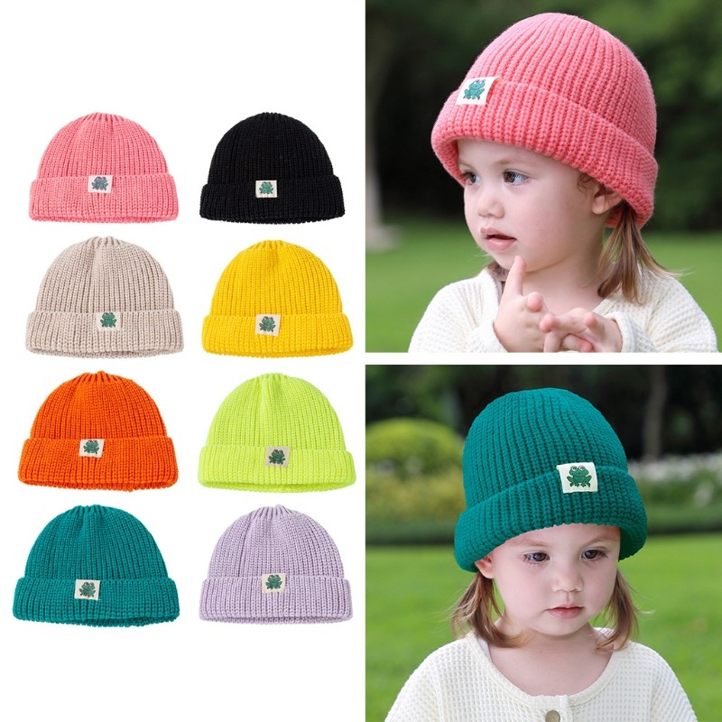 Autumn Winter Solid Color Baby Knitted Warm Hat Soft Casual Hemming Hat Kids Girls Boys Frog Label Beanies Clothes