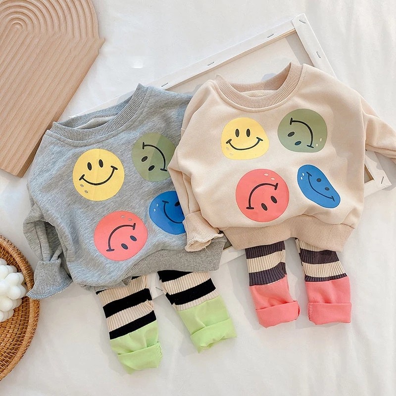 2022 spring kids clothes set cartoon long sleeve smile loose blouse and pants 2 piece suit