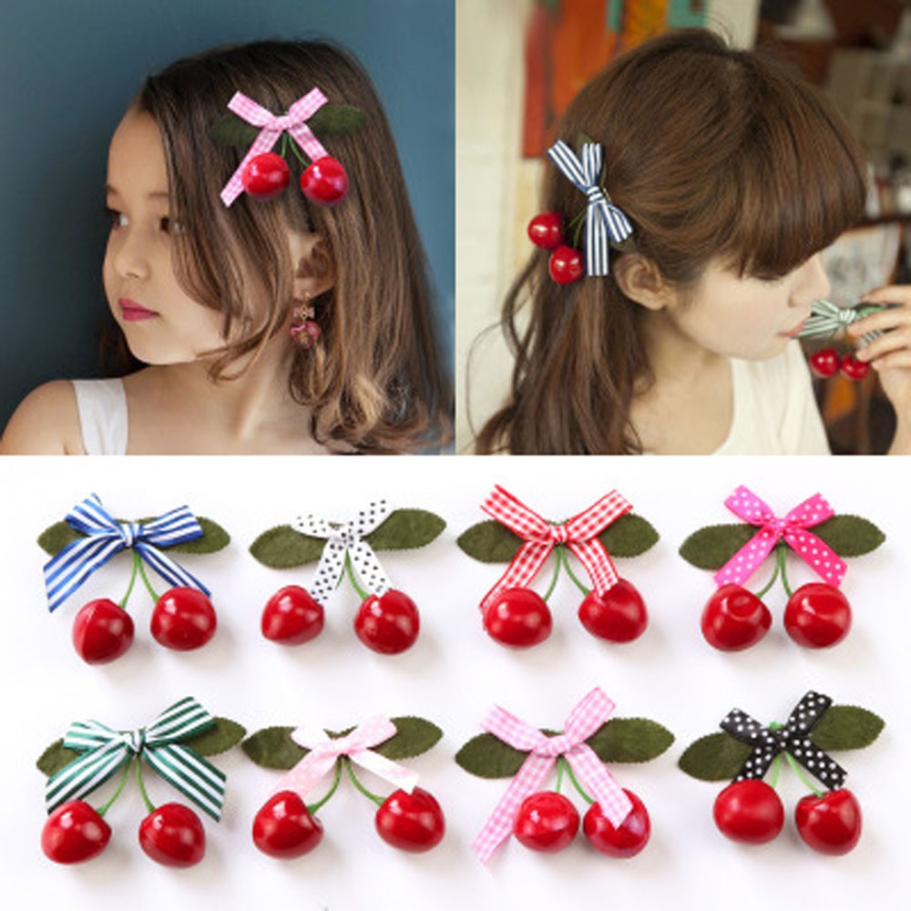 Baby Girl Cute Fruit Cherry Hair Clip Bar Lattice Dot Bow Barrettes Hairpin for Children Girls Handmade Fashion Kids Headwear