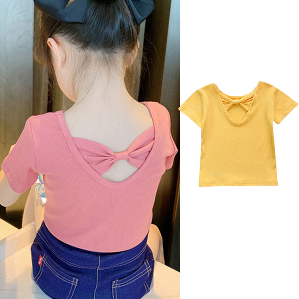 Girls T-shirt Kids Short Sleeve Back Bow-knot Baby Cotton Shirt Clothes 2022 Summer Chilren Hot Color Surface Tees