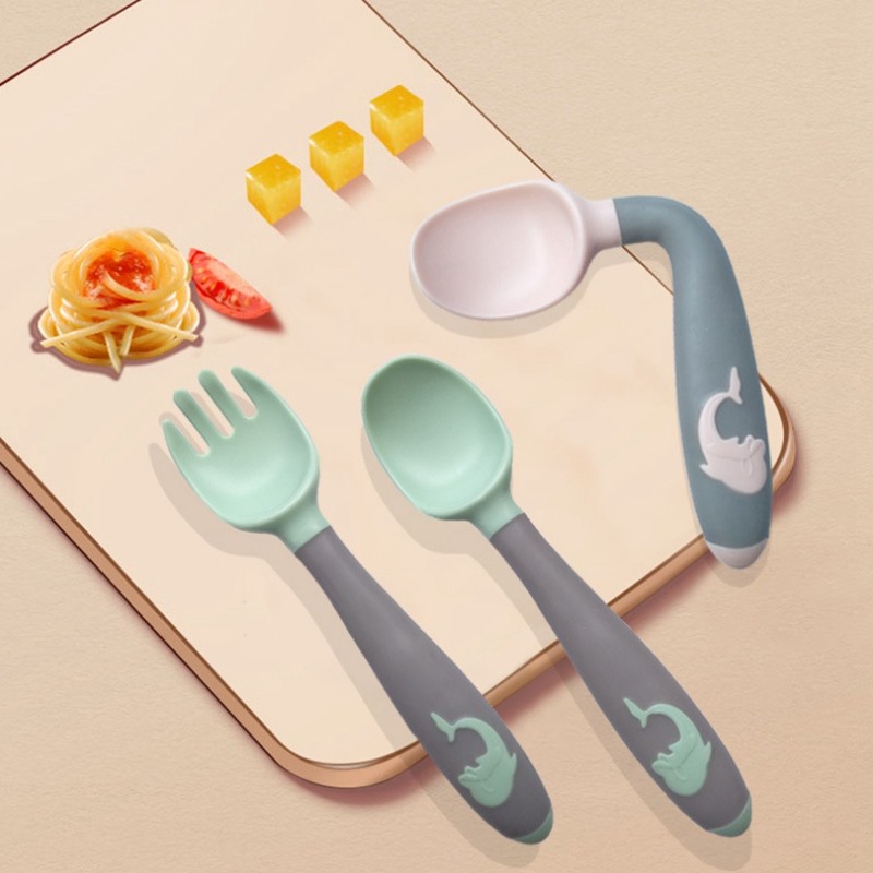 Silicone Baby Spoon Fork Kids Cutlery Set Cartoon Cute Utensil Baby Learning Training Spoon Infant Soft Fork