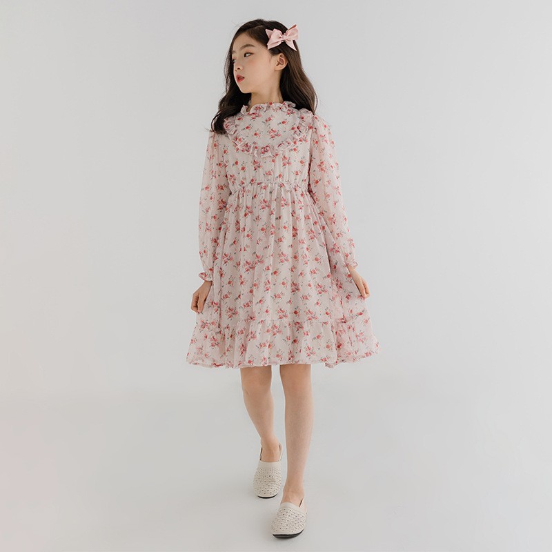 Long Sleeve Girls Dress 2022 Spring Summer New Korean Girls Dress Floral Chiffon Princess Dress Collage Style Kids Clothes