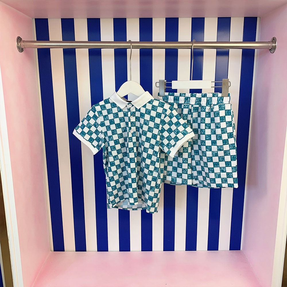 Designer 2022 popular summer new children's wear checkerboard loose shirt pullover short sleeve blouse boys and girls set