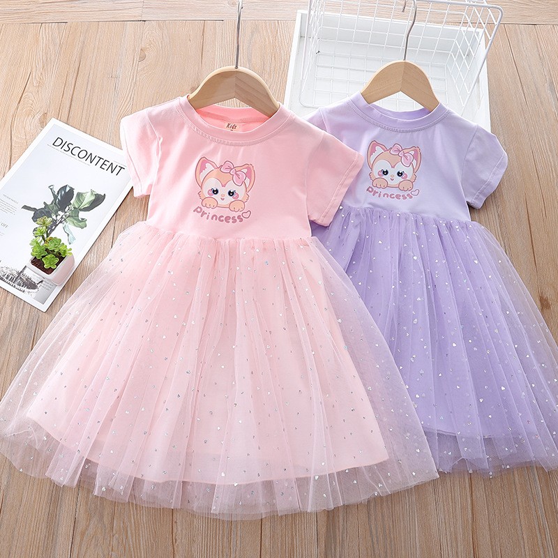 Summer Baby Girls Dresses Korean Cute Toddler Clothes Mesh Cartoon Fox Clothes Toddler Clothes