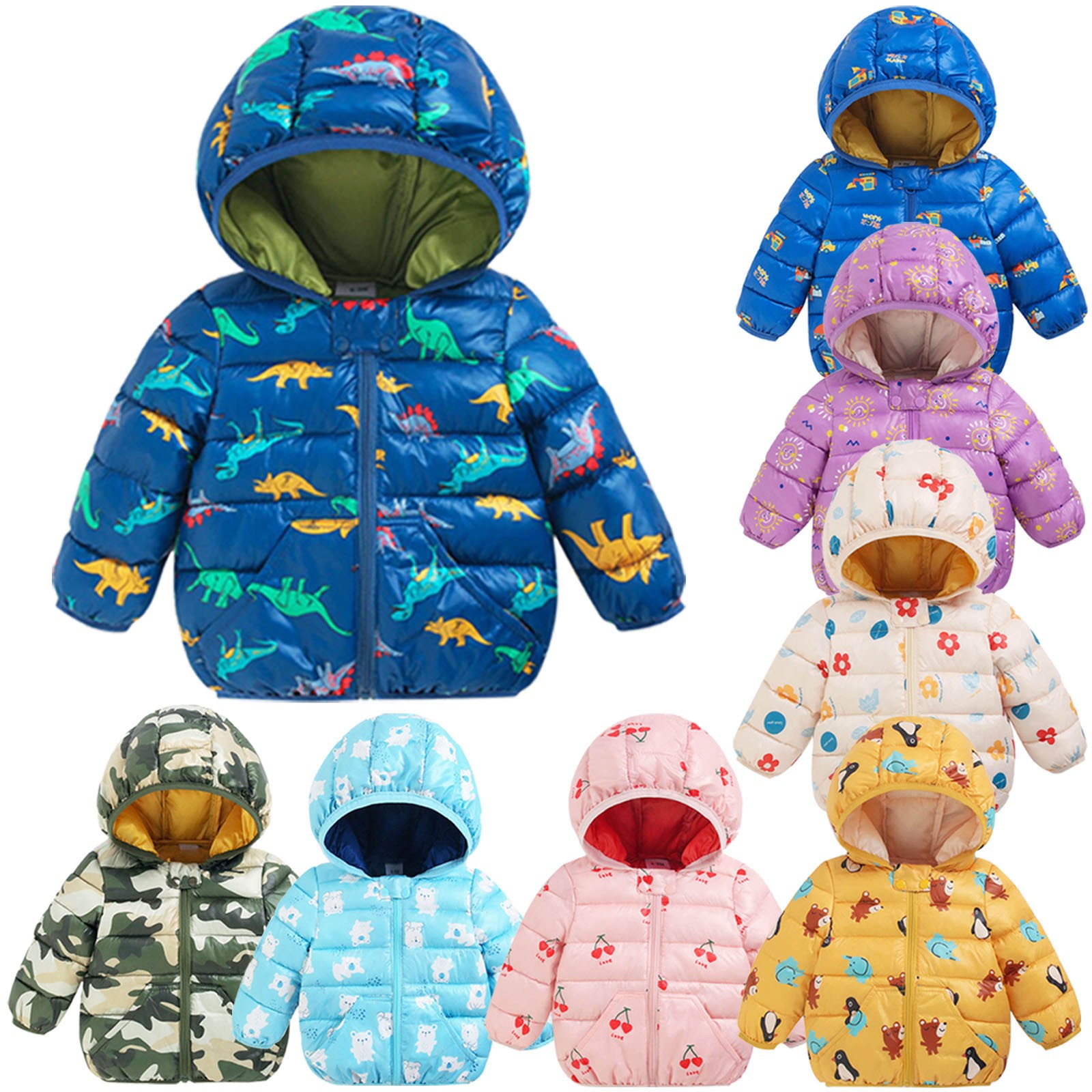 Cartoon Dinosaur Flower Print Hooded Cotton Down Jacket Baby Winter Cartoon Windproof Coat Hooded Warm Outerwear Jacket Freeship