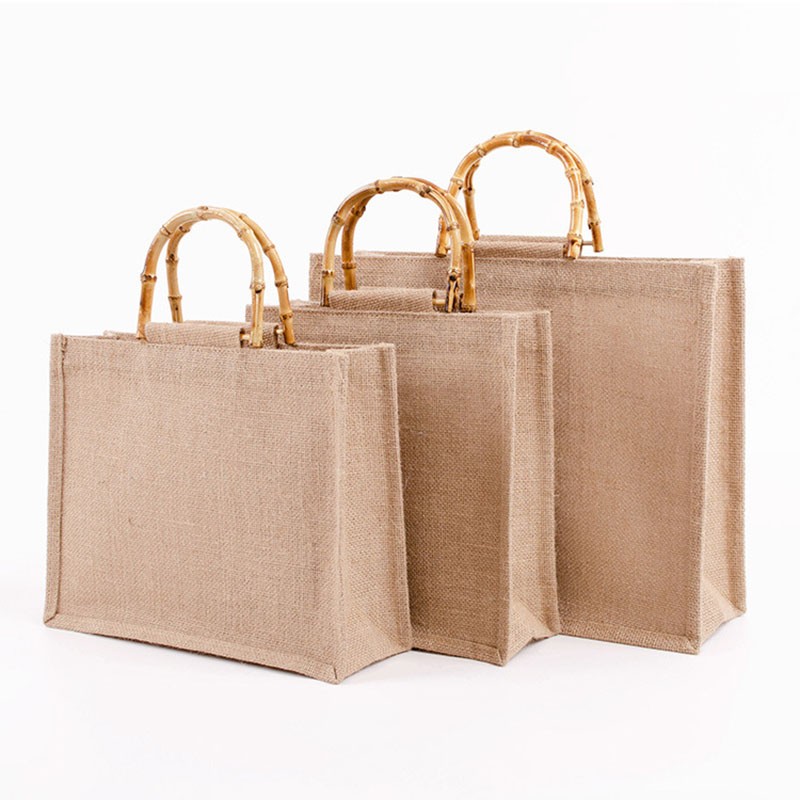 Portable Burlap Shopping Bag Jute Handbag Bamboo Ring Retro Carry Handles DIY Handbag Women Large Size Beach Bag for Girls