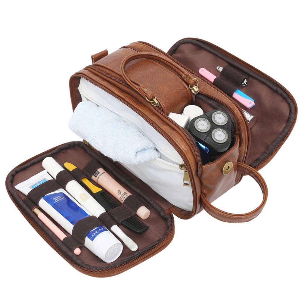 Water Resistant PU Leather Toiletry Bag For Men Travel Washing Shaving Bag Toiletry Kit For Men Bathroom Makeup Organizer With Wet Dry Bag