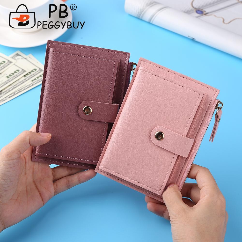 Fashion Women Solid Color Multi Slot Credit Card Holder Portable PU Leather Mini Coin Purse Multifunction Zipper Wallet