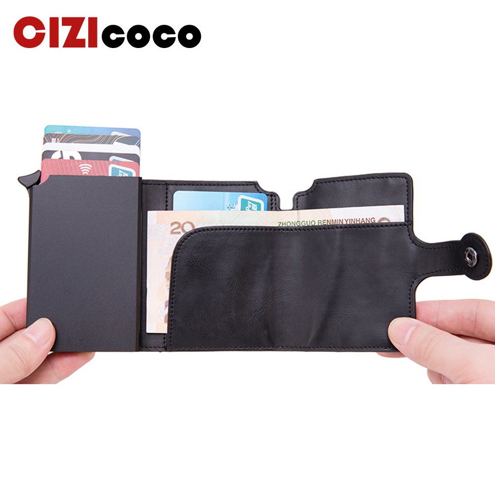 Card Holder with RFID Button for Men, Card Holder with Wallet Black, Metal, Aluminum, Auto Pop Up, Wallet Black