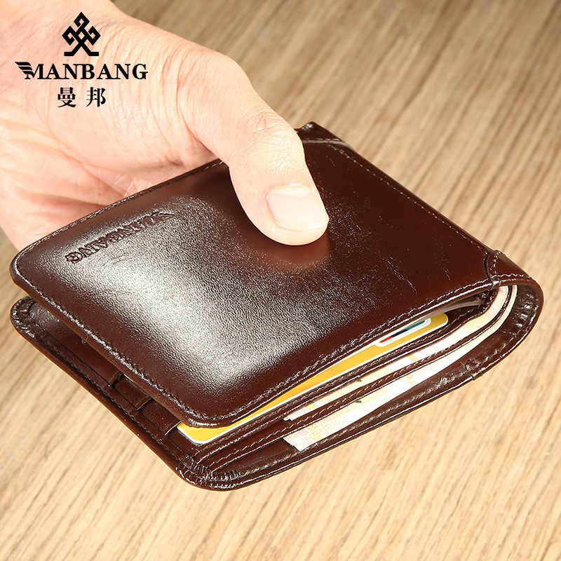 【Real Cowhide Leather】Manbang Brand Hot Sale Men Wallet Luxury Original Short Tri-fold First Layer Cowhide Business Wallet H