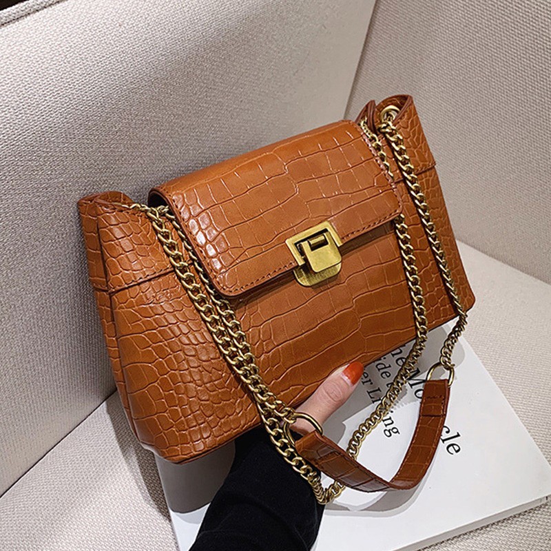 Solid Color Flap PU Leather Shoulder Crossbody Bags for Women Luxury Women's Designer Chain Handbag Crocodile Female Travel Bag