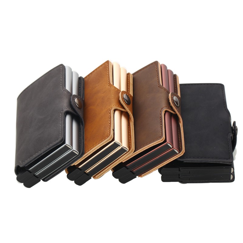 Dual RFID Aluminum Card Holder For Men Vegan Leather Card Wallet Card Holder With Automatic Pop Up