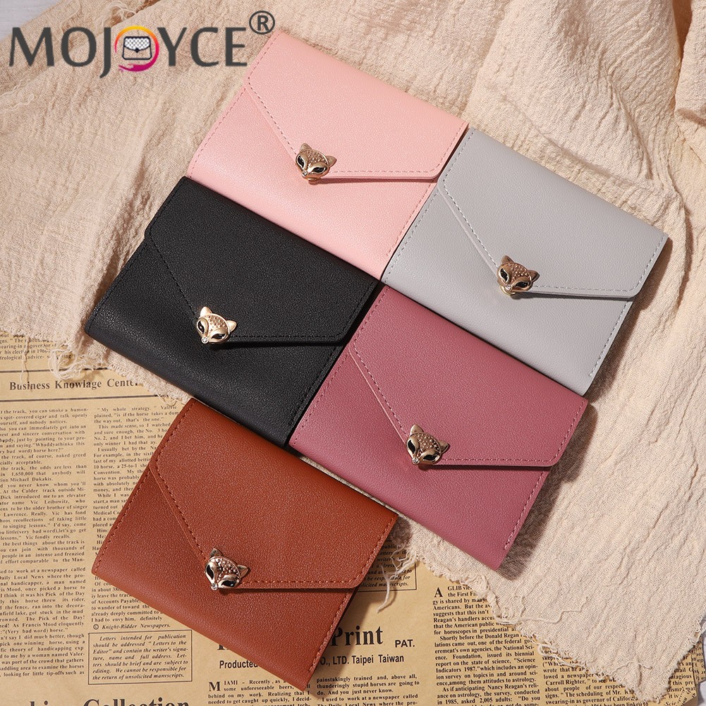 Simple Fashion Women Trifold PU Leather Small Wallet Portable Solid Color Casual Business Card Holder Fox Shape Hasp Coin Purse