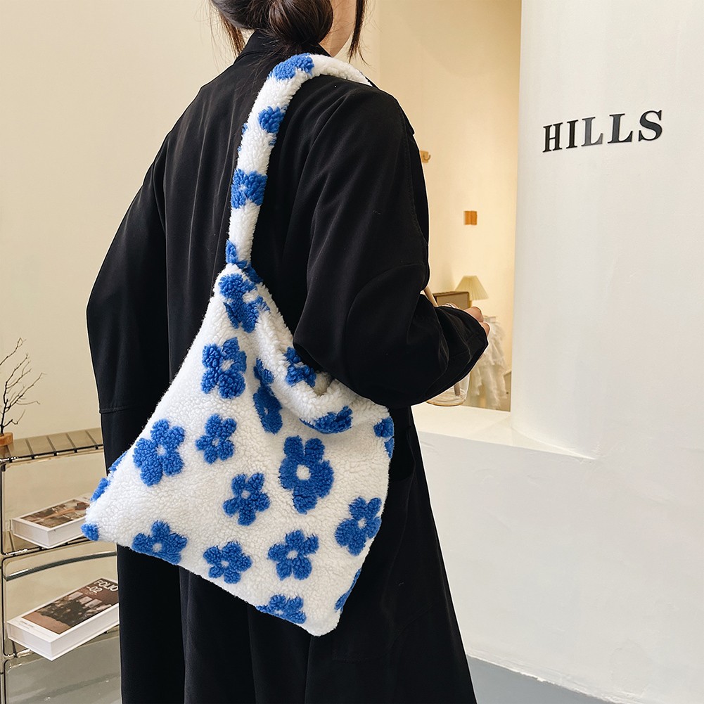 Stylish design plush flower pattern women tote bag casual handbags large capacity ladies designer shoulder bag simple female bag