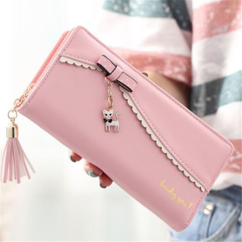 PU long wallet leather wallet women card holder purse sweet bow cute cat pendant tassel ladies clutch phone money coin bag portemonny