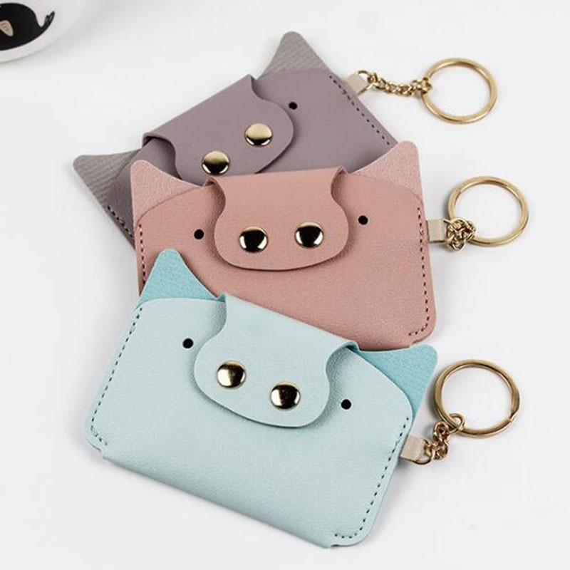 Creative Card Holder Cartoon Simple Animal Piggy Shaped PU Leather Kawaii Small Wallets Keychain Coin Purse ID Card Bag for Girls