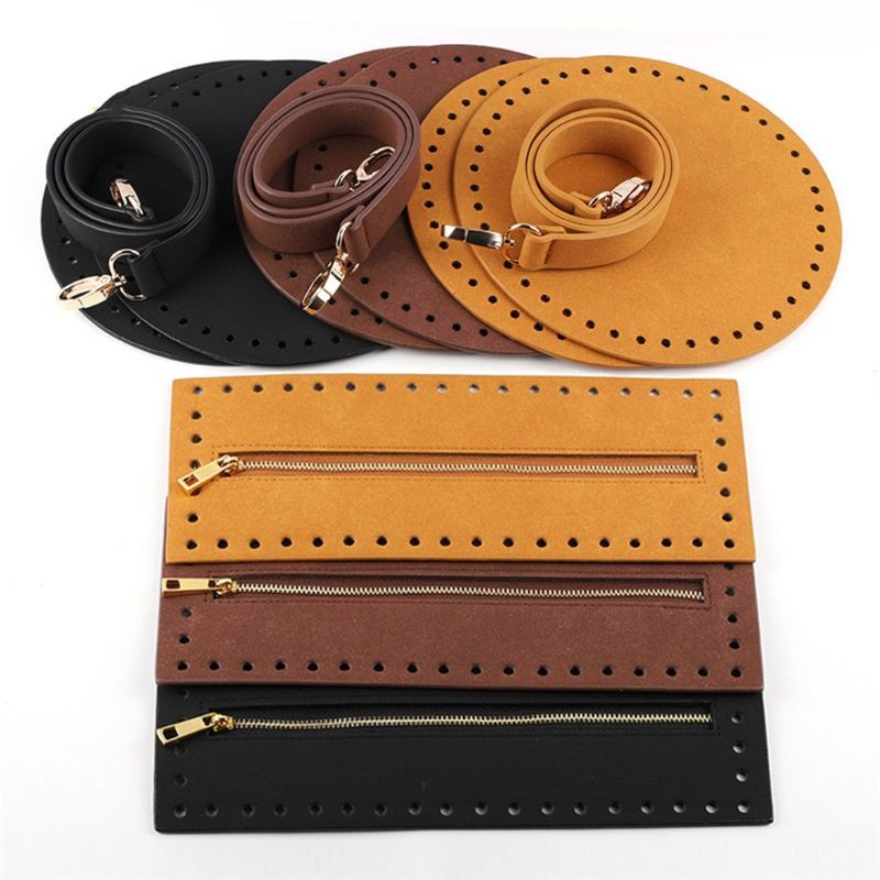 4pcs/set Bag Bottom Shaper Base Round Artificial Leather Wallet Insert Strap Zipper for DIY Sewing Crochet Handbag