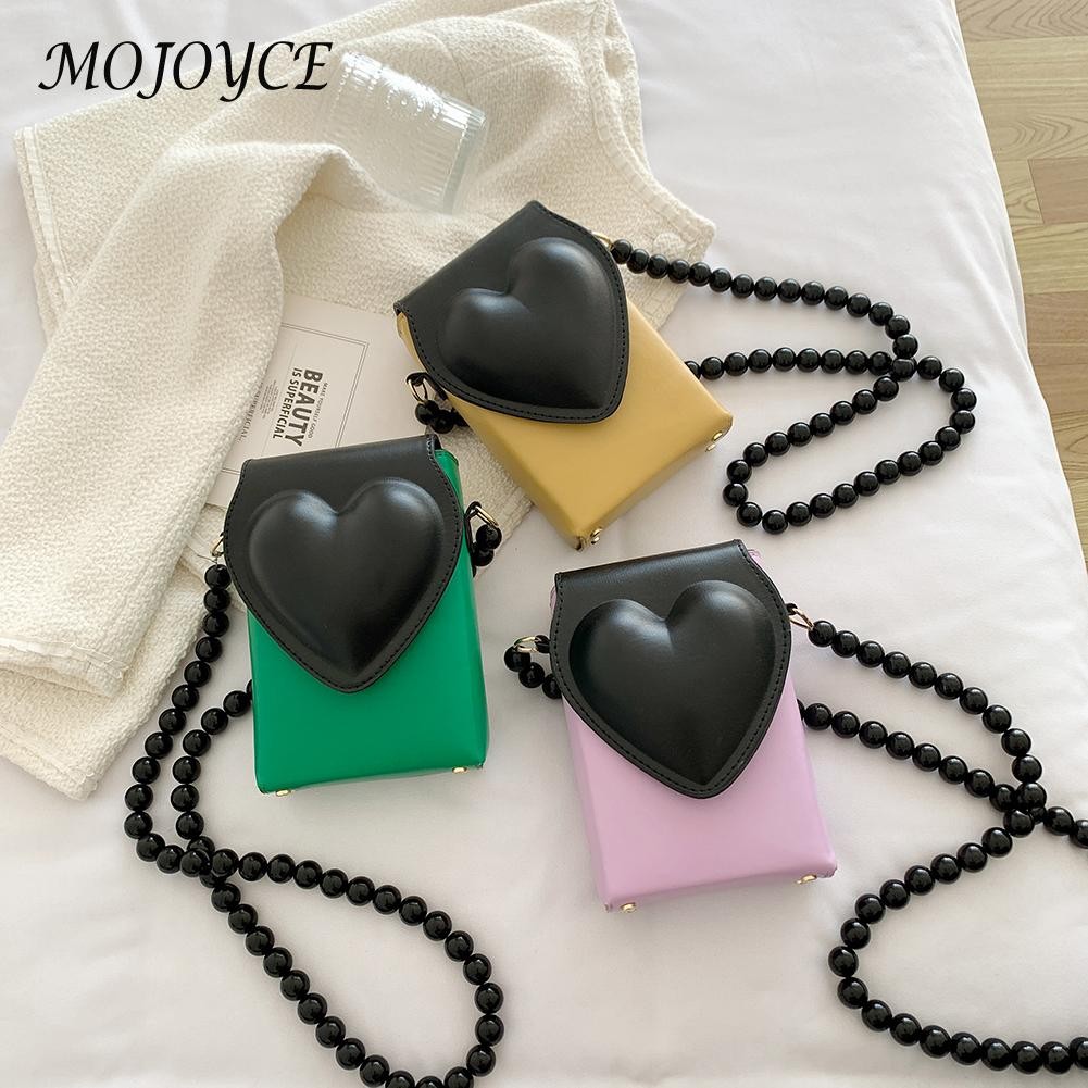 Fashion Heart Flap Bead Strap Shoulder Bag for Woman PU Leather Female Handbags for Ladies Women Outdoor Shopping