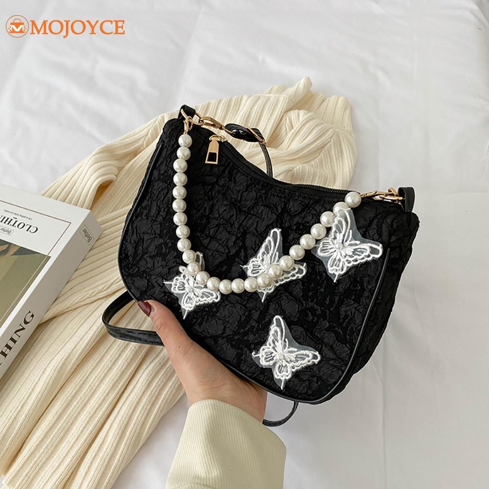 Retro Handbag 2022 Spring Butterfly Print Women Shoulder Bags Pearl Chain Handbags Female Crossbody Messenger Clutch Bags