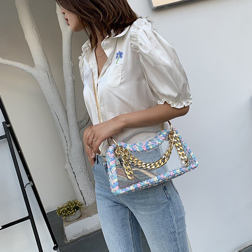 Women Hand Woven Bags Summer Clear Waterproof Chain Shoulder Crossbody Bag Female Trend Transparent Handbags Messenger Bag